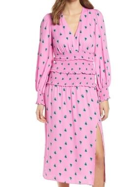 AFRM Bright Pink Smocked Midi Dress with Green Floral Print Size Medium